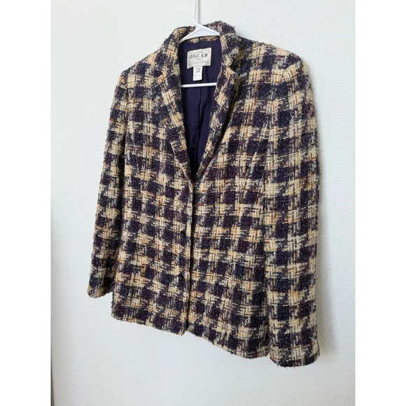 Vintage Oscar by Oscar de la‎ Renta Purple Plaid Tweed Wool/Alpaca Blazer 12 - Picture 4 of 11